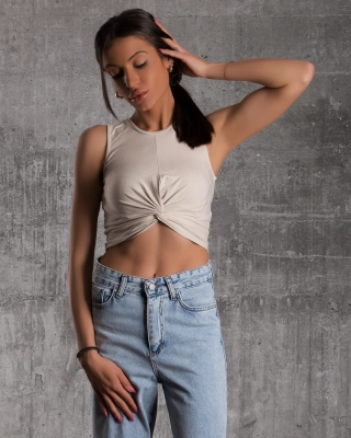 Crop top με εφέ κόμπου Tie The Knot, Μπεζ Χρώμα